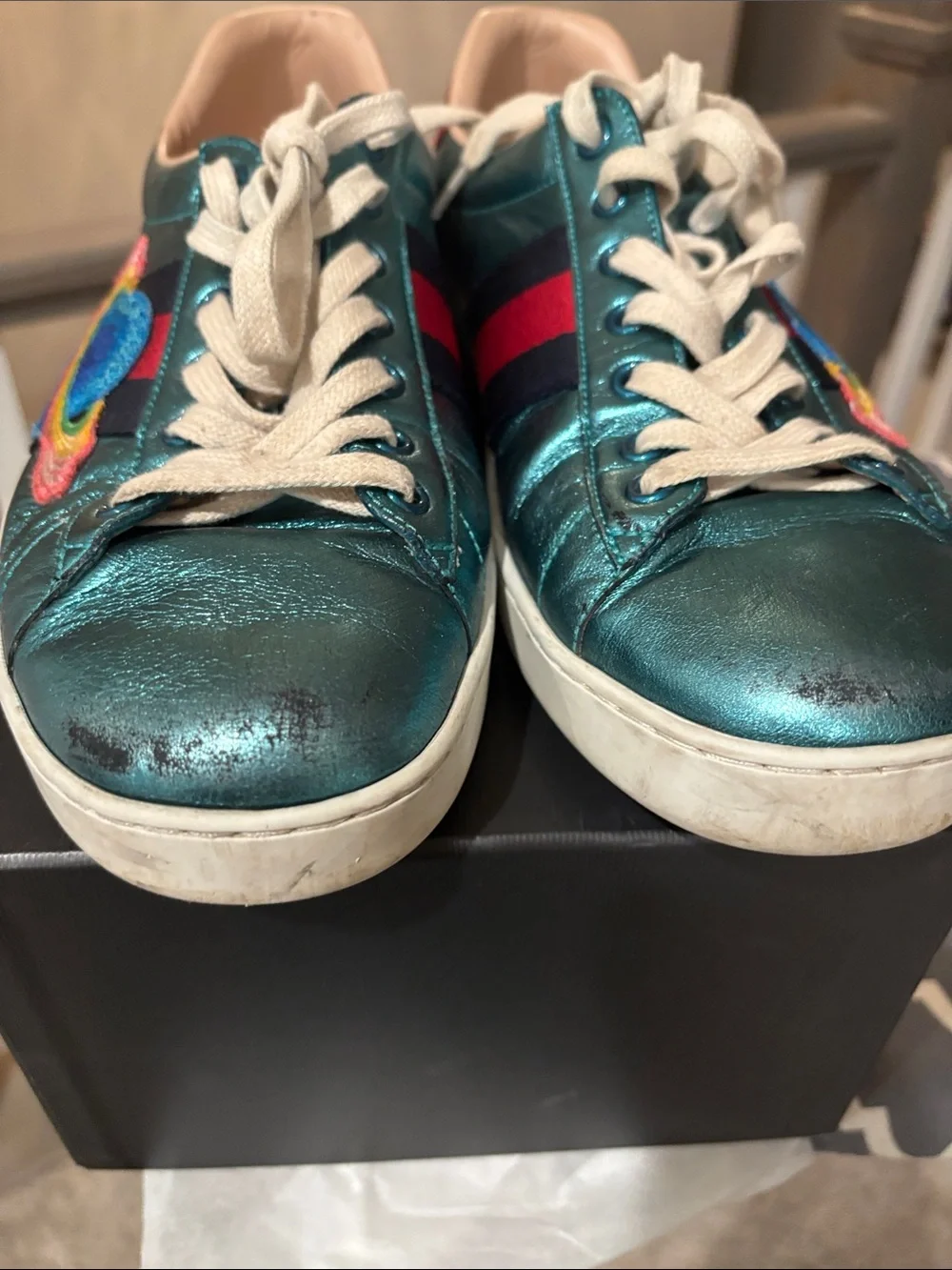 Gucci Metallic Teal Rainbow Embroidered Ace Sneakers